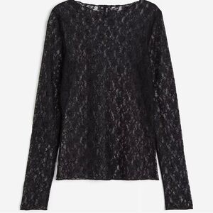 H&M Sheer Lace Black Top Long-sleeve